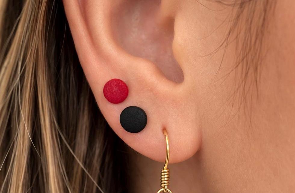 Polymer Clay Stud Earrings Set, Red & Black  Stainless Steel Post, Small Everyday Earrings, Handmade Jewelry Gif