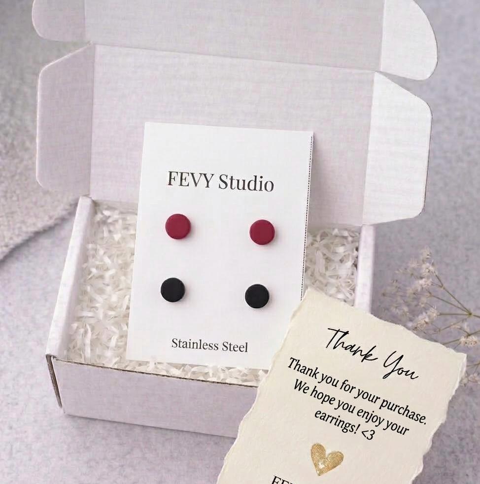 Polymer Clay Stud Earrings Set, Red & Black  Stainless Steel Post, Small Everyday Earrings, Handmade Jewelry Gif