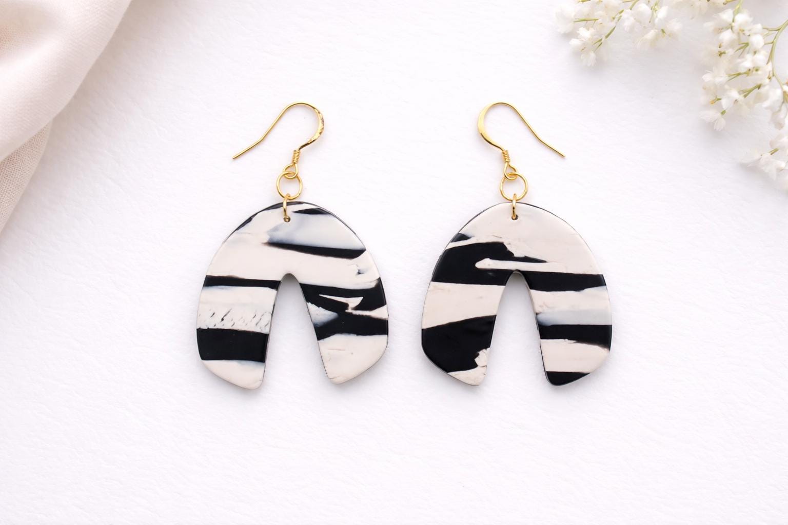 Black White Marble Arch Earrings, 18K Gold Plated Hooks, Modern Statement Dangle