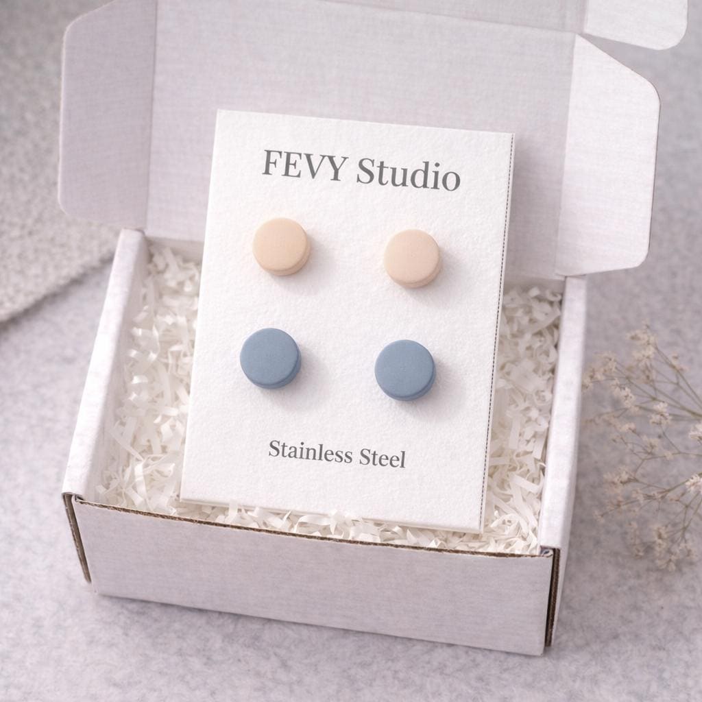 Minimalist Stud Earrings Set, Beige & Dusty Blue Earrings, Polymer Clay Studs, Lightweight Earrings, Everyday Jewelry, Gift for Her