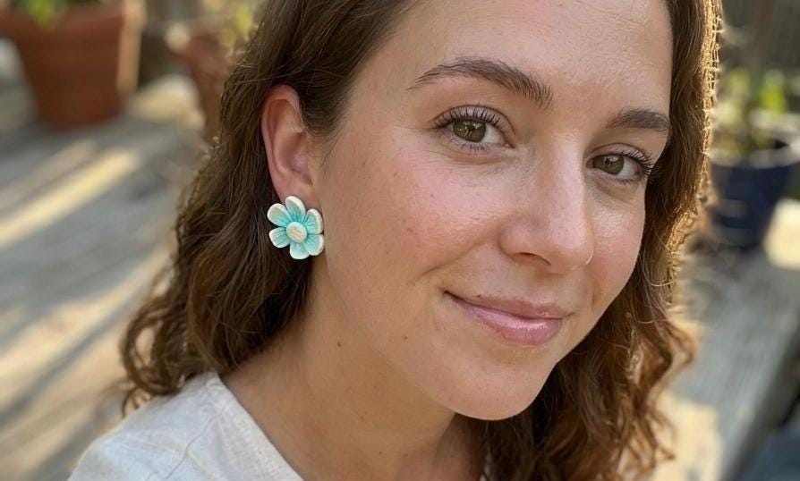 Blue Flower Stud Earrings, Turquoise Floral, Handmade Polymer Clay, Stainless Steel Posts