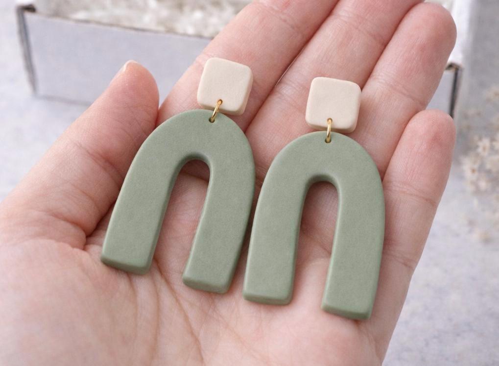 Sage Green Polymer Clay Earrings | Minimalist Arch Earrings | Ivory & Sage Boho Earrings | Lightweight Statement Earrings | Handmade Jewelry