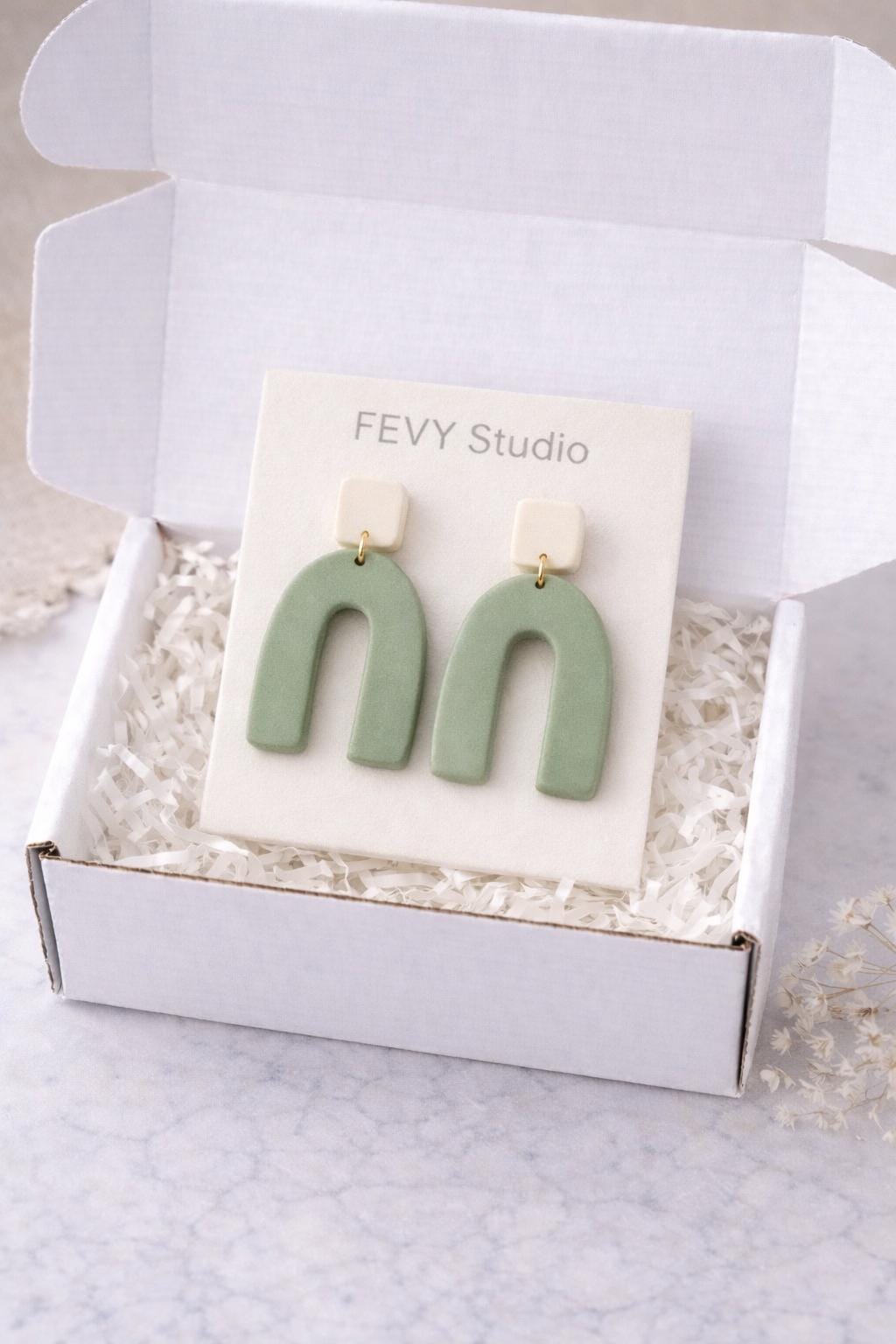 Sage Green Polymer Clay Earrings | Minimalist Arch Earrings | Ivory & Sage Boho Earrings | Lightweight Statement Earrings | Handmade Jewelry