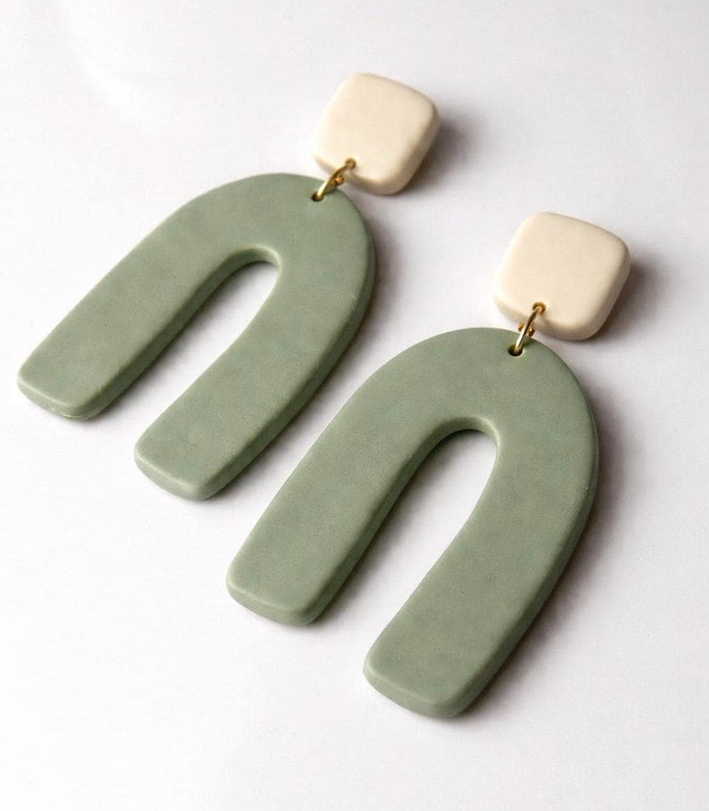 Sage Green Polymer Clay Earrings | Minimalist Arch Earrings | Ivory & Sage Boho Earrings | Lightweight Statement Earrings | Handmade Jewelry