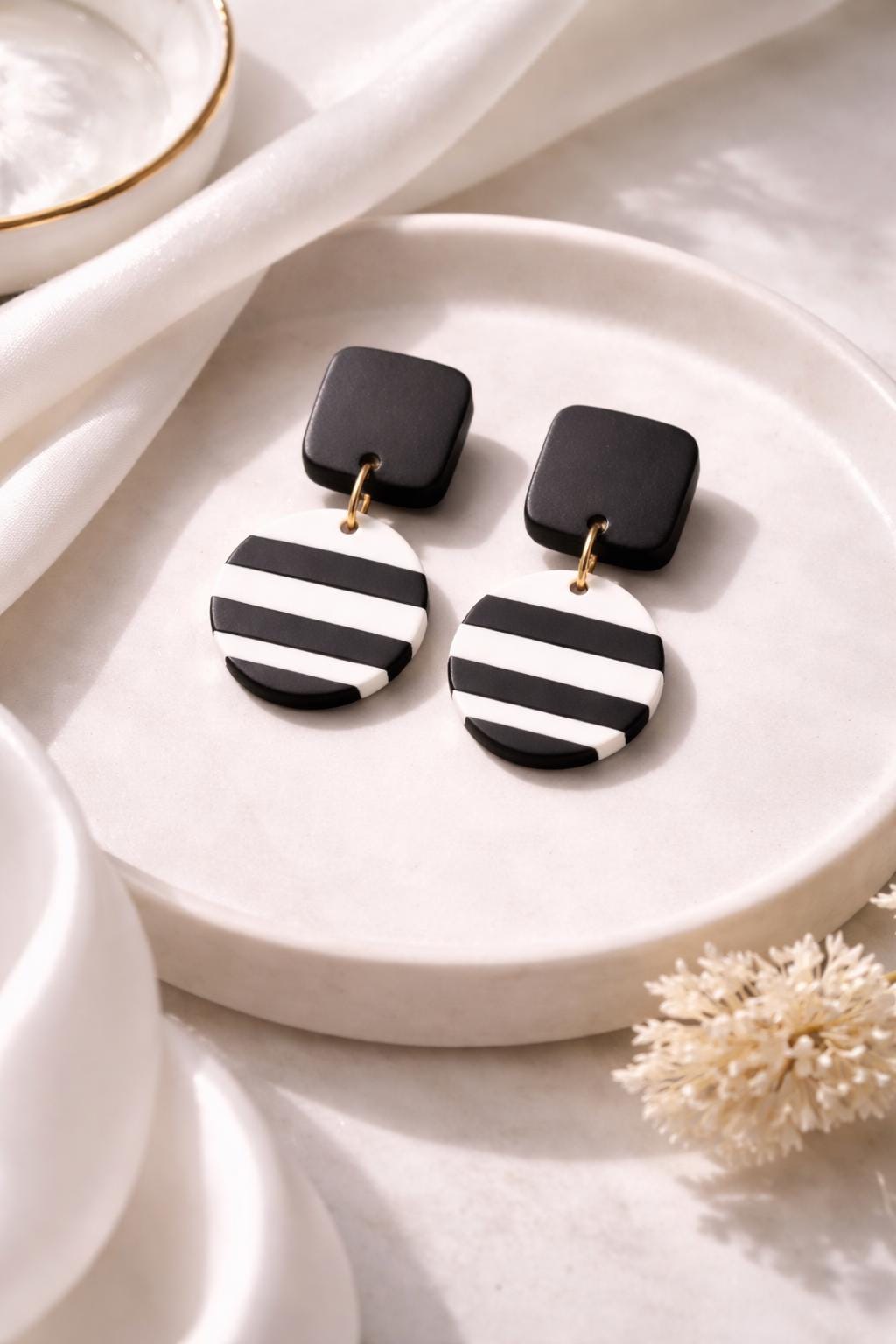 Black White Striped Statement Earrings | Modern Minimalist Dangle Polymer Clay Jewelry
