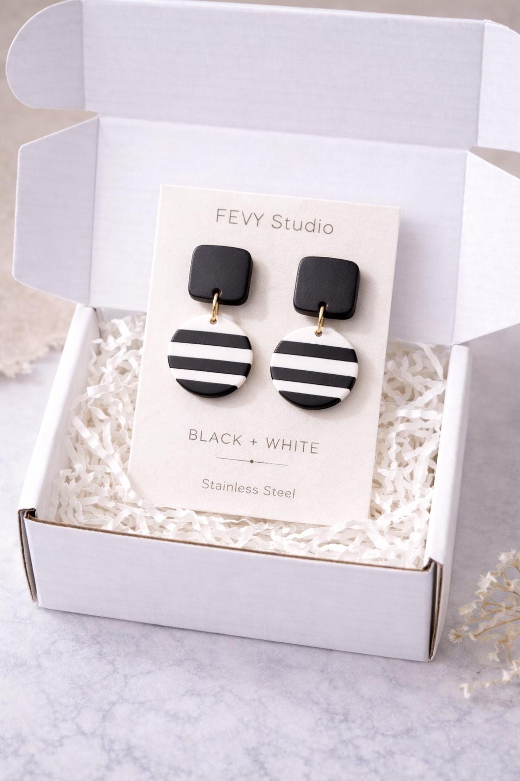 Minimalist Black White Earrings | Striped Dangle Earrings | Modern Polymer Clay Statement Earrings | Trendy Gift for Her