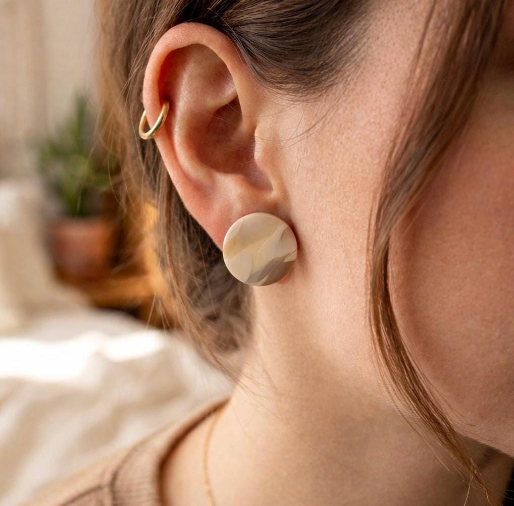 Neutral Beige Stud Earrings, Minimalist Polymer Clay Earrings, Lightweight Earrings, Everyday Jewelry, Gift for Her, Stainless Steel