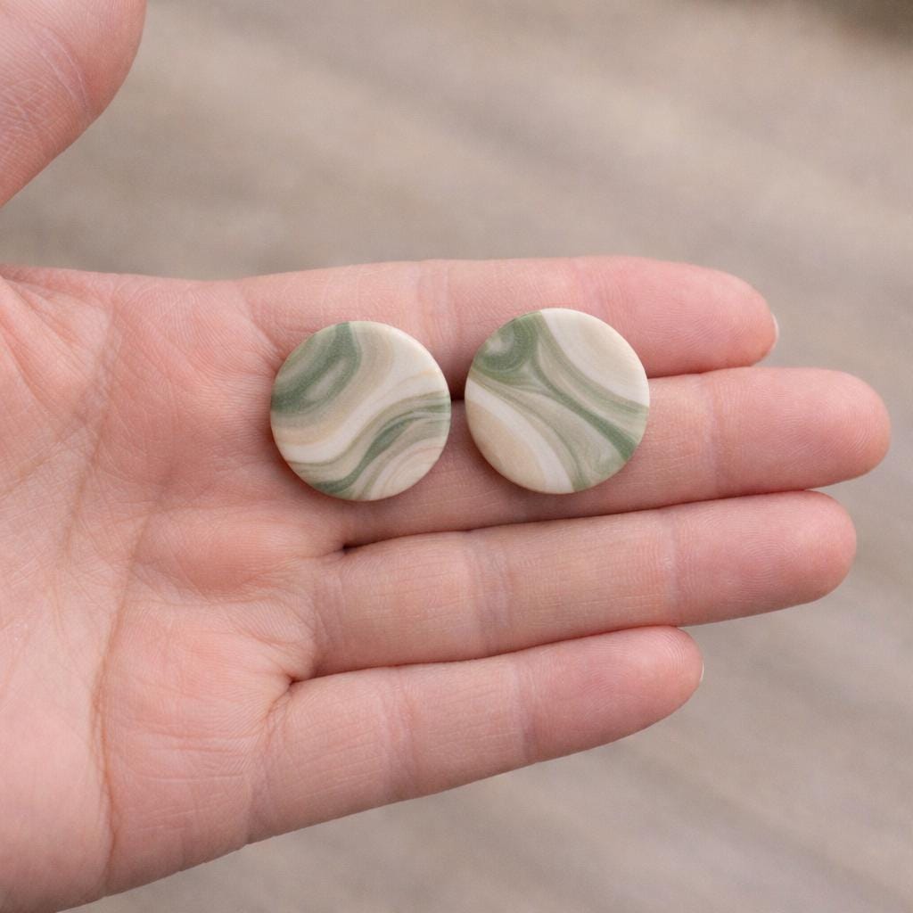 Sage Marble Stud Earrings, Polymer Clay Earrings, Minimalist Neutral Jewelry, Handmade Lightweight Earrings, Gift for Her