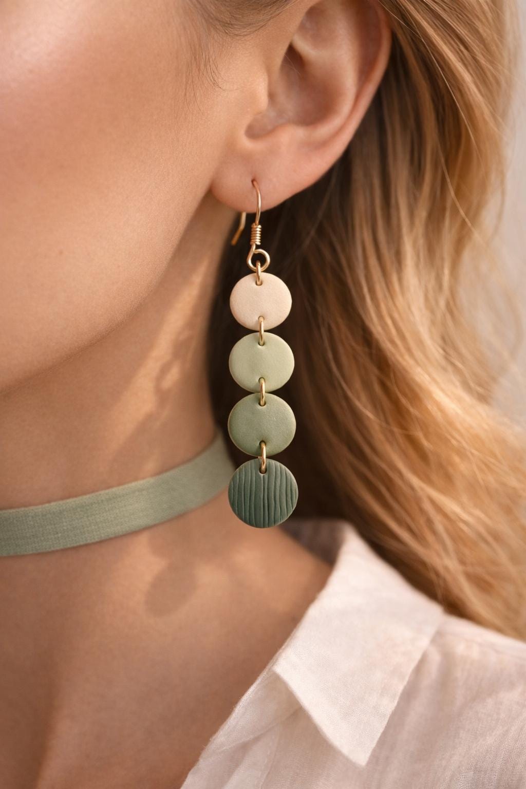 Sage Green Dangle Earrings, Minimalist Polymer Clay Earrings, Gold Hook Earrings, Neutral Handmade Jewelry, Gift for Her, Lightweight