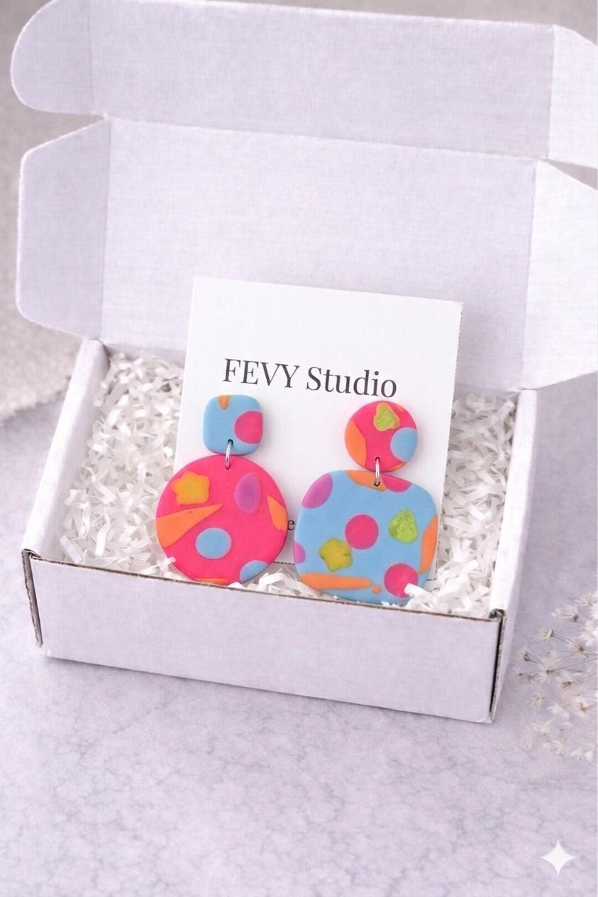 Colorful Abstract Polymer Clay Statement Earrings, Modern Handmade Summer Jewelry
