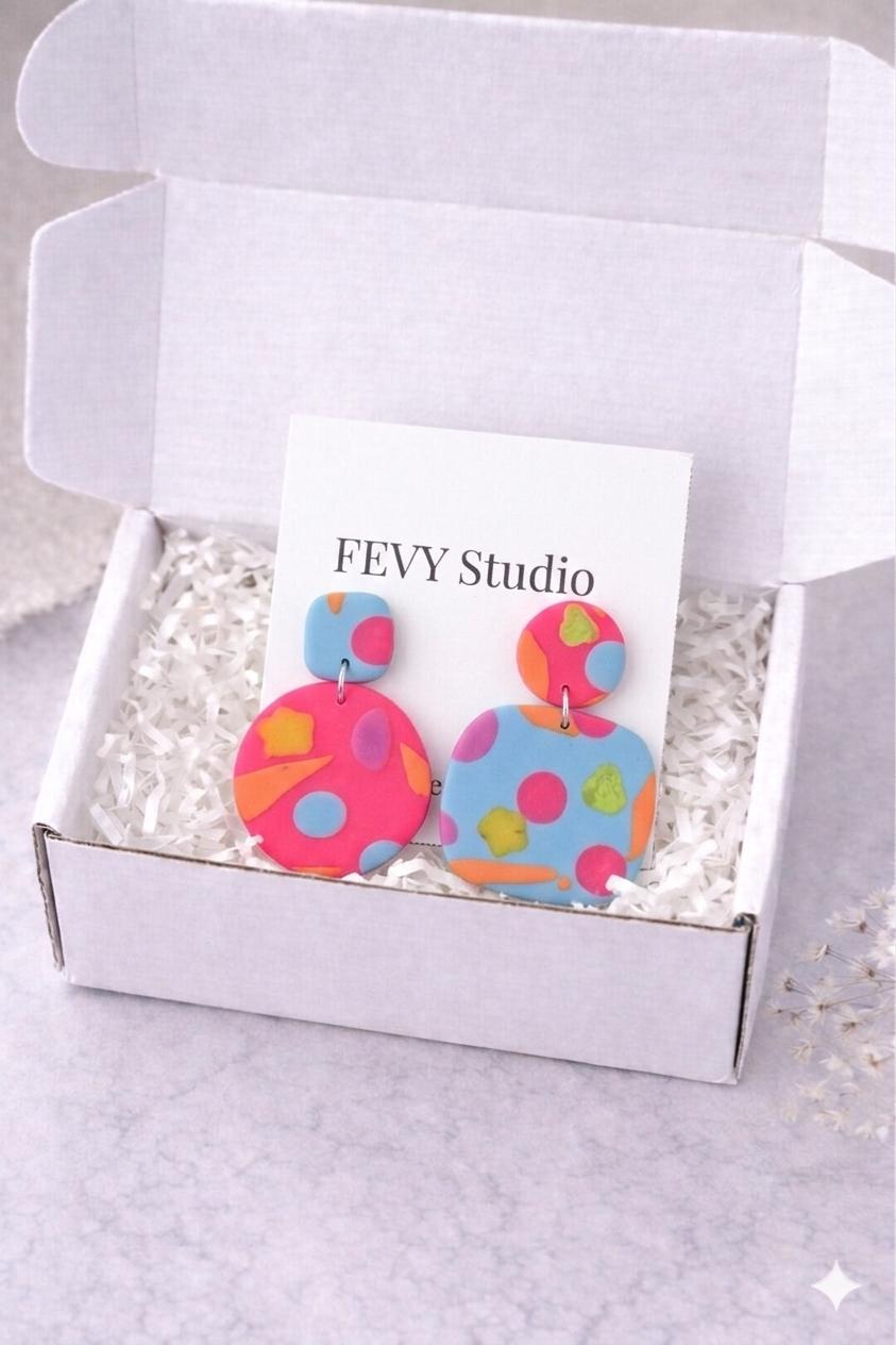Handmade Colorful Polymer Clay Statement Earrings, Abstract Summer Boho Jewelry