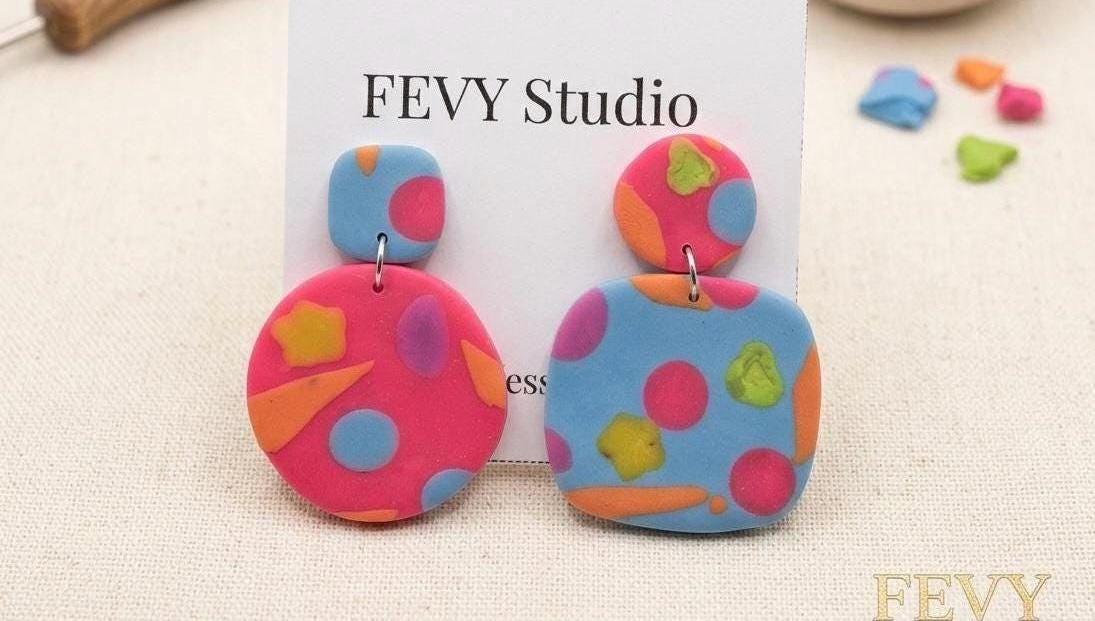 Colorful Abstract Polymer Clay Statement Earrings, Modern Handmade Summer Jewelry