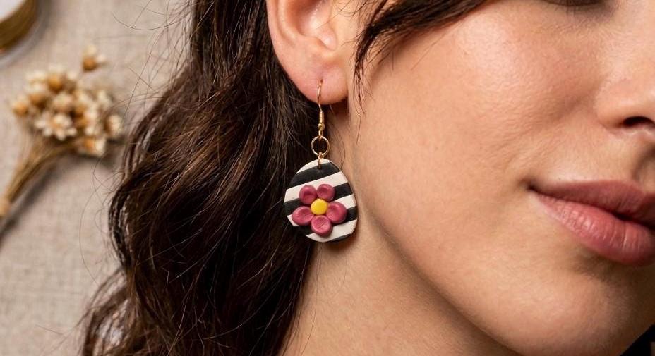 Handmade Floral Stripe Earrings – Polymer Clay Teardrop Dangles – Lightweight Statement Jewelry