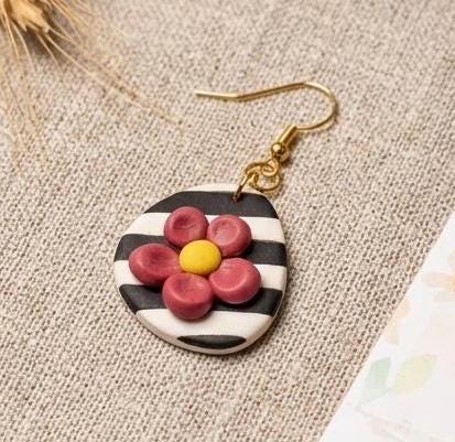 Handmade Floral Stripe Earrings – Polymer Clay Teardrop Dangles – Lightweight Statement Jewelry