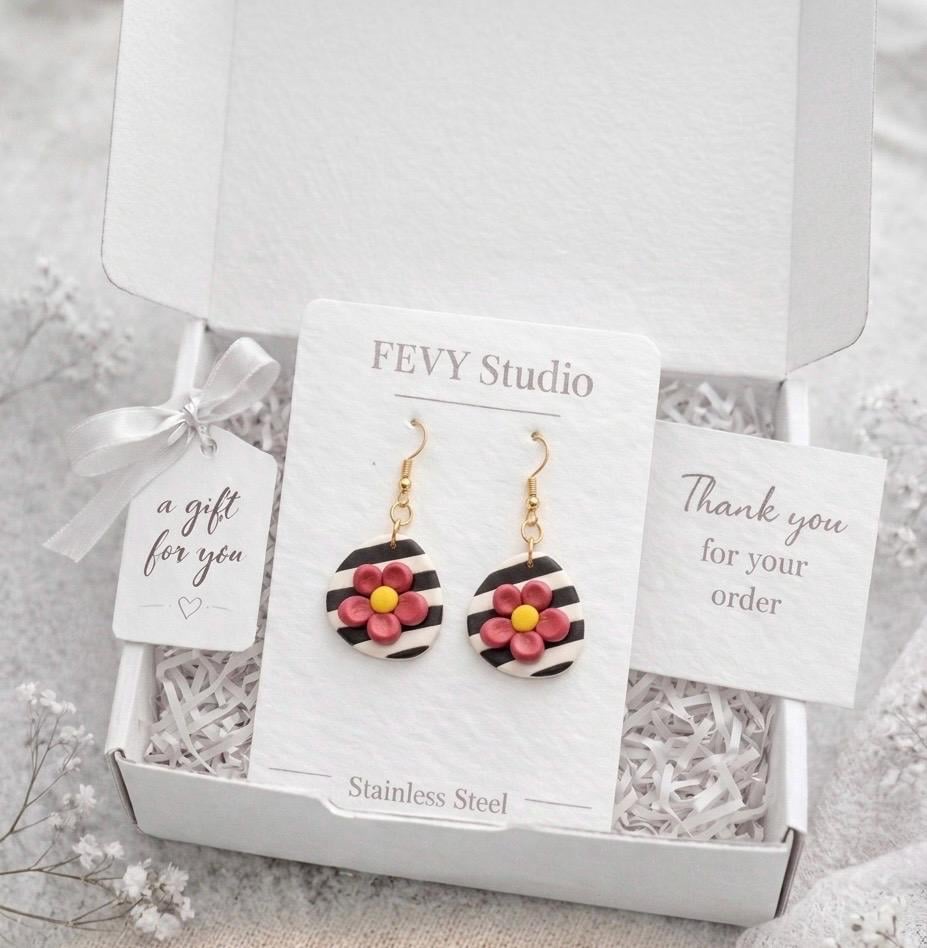Handmade Floral Stripe Earrings – Polymer Clay Teardrop Dangles – Lightweight Statement Jewelry