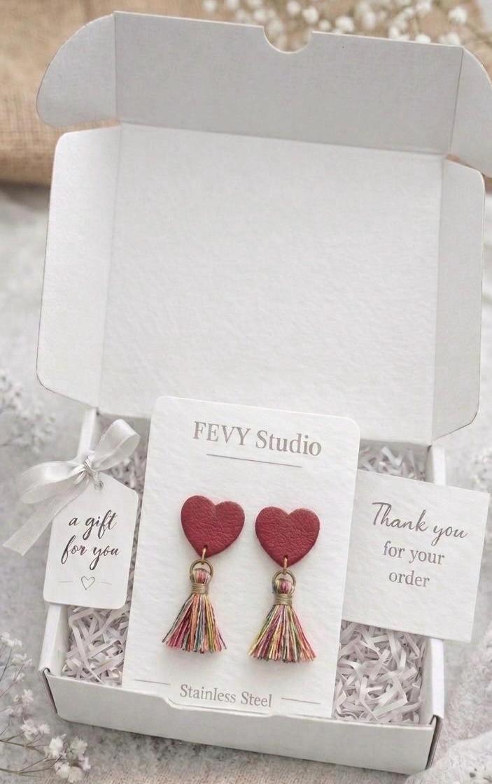 Handmade Polymer Clay Earrings – Red Heart & Rainbow Tassel Dangles – Lightweight Statement Jewelry with Stainless Steel Hooks