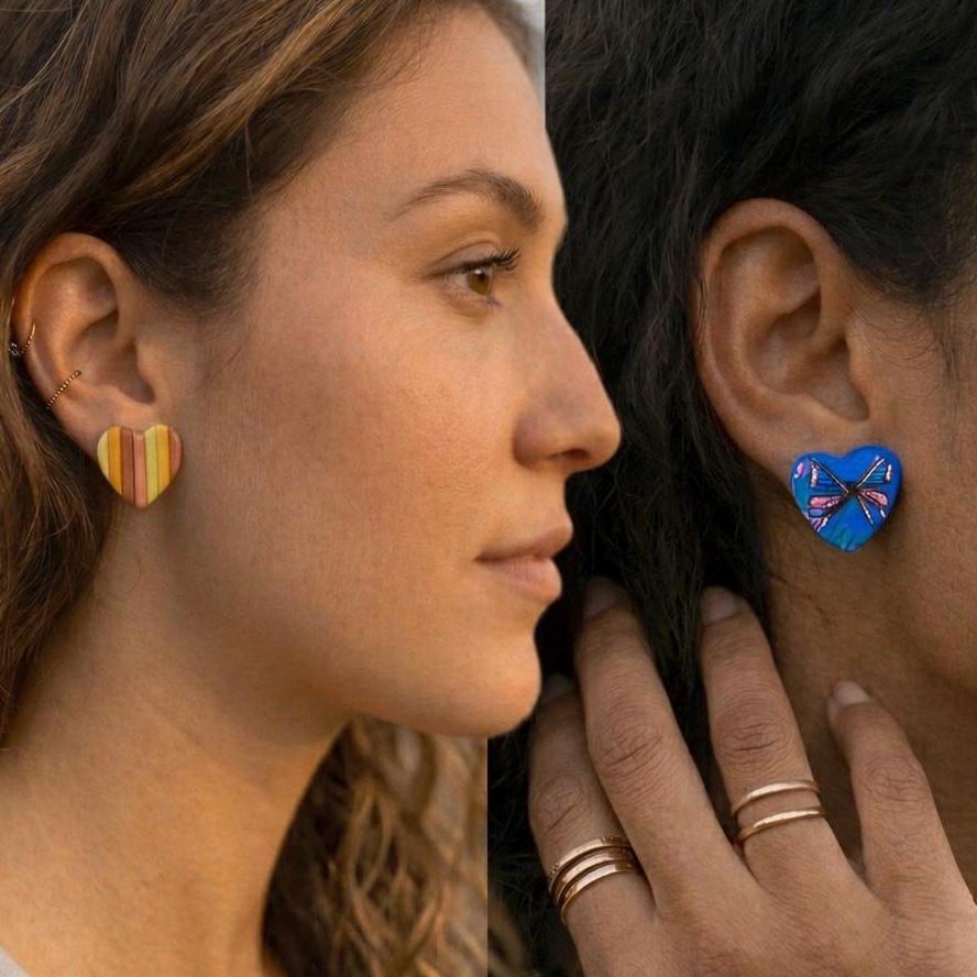 Handmade Polymer Clay Heart Earrings – Butterfly & Rainbow Stripe – Lightweight Statement Jewelry
