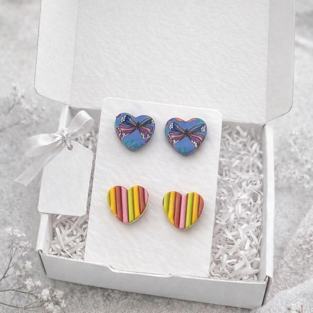 Handmade Polymer Clay Heart Earrings – Butterfly & Rainbow Stripe – Lightweight Statement Jewelry