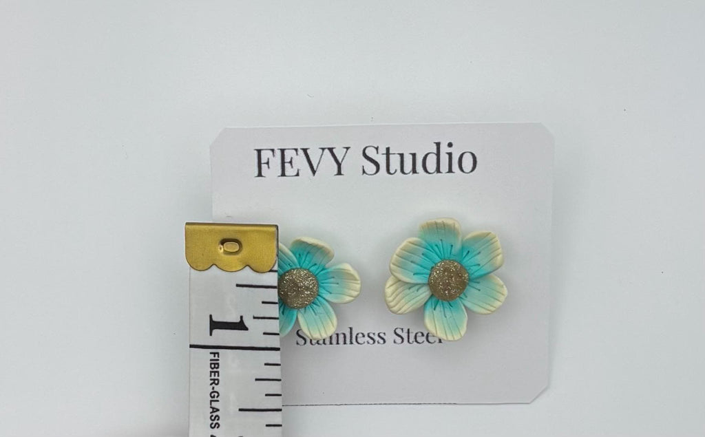 Turquoise Flower Stud Earrings, Polymer Clay Earrings, Handmade Floral Earrings, Gradient Clay Earrings, Stainless Steel Post