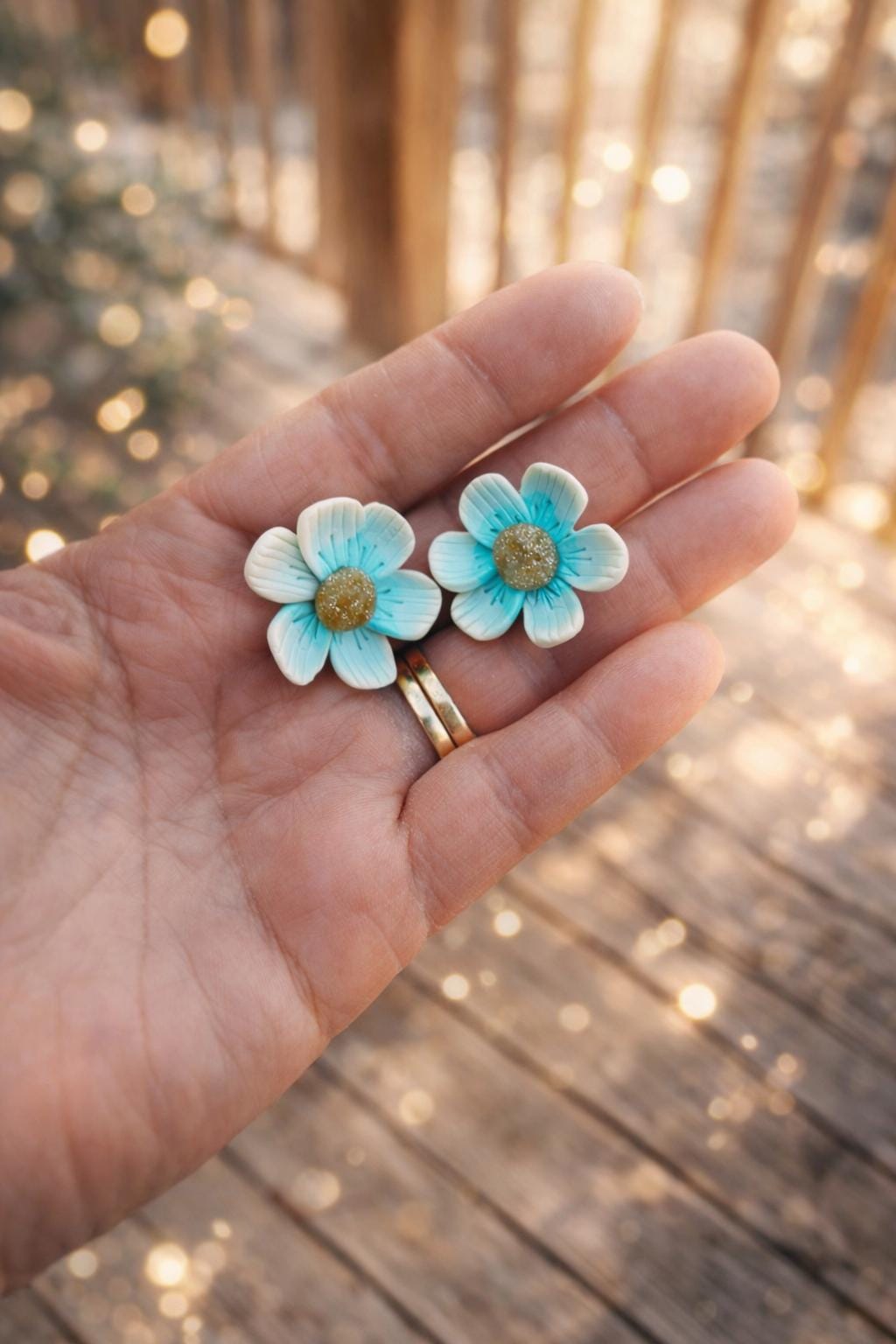Turquoise Flower Stud Earrings, Polymer Clay Earrings, Handmade Floral Earrings, Gradient Clay Earrings, Stainless Steel Post