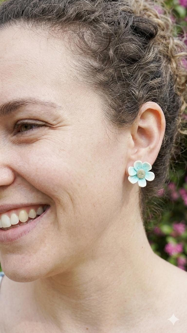 Turquoise Flower Stud Earrings, Polymer Clay Earrings, Handmade Floral Earrings, Gradient Clay Earrings, Stainless Steel Post