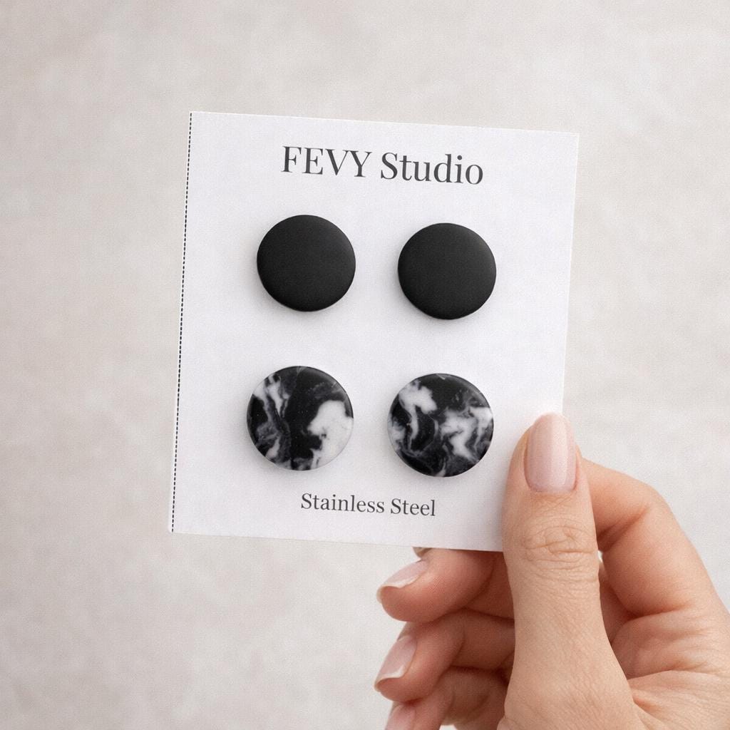 Matte Black Marble Stud Earrings Set, Minimalist Stainless Steel Jewelry