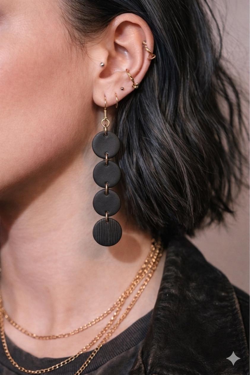 Black Statement Earrings – Minimalist Style Clay Earrings – 18K Gold-Plated Hooks – Lightweight Dangle Earrings – Gift for Her
