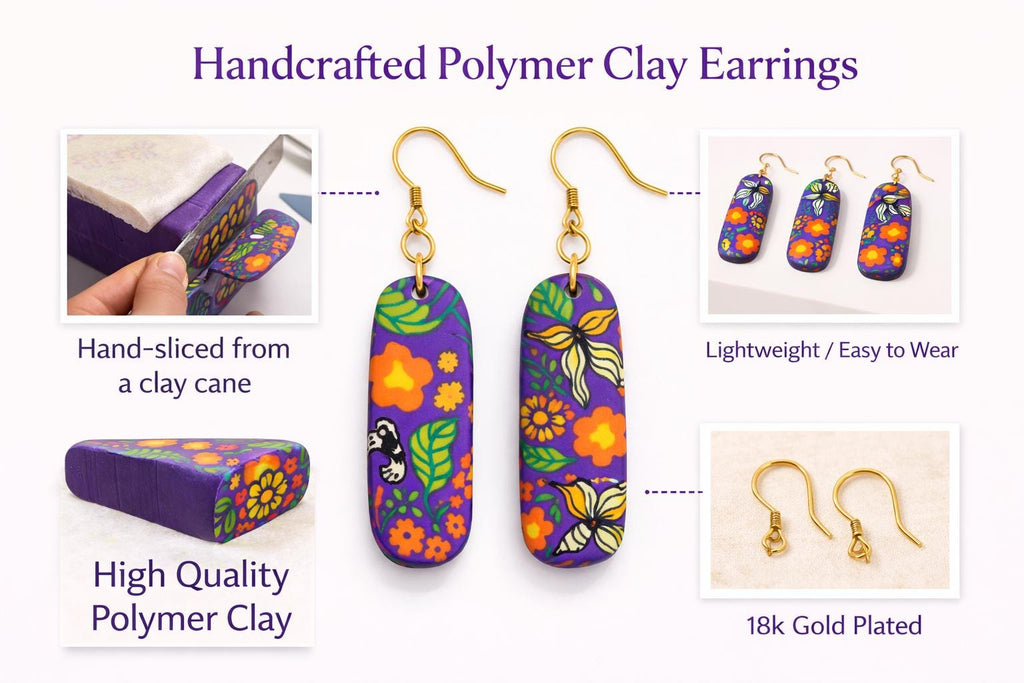 Floral Polymer Clay Earrings – 18K Gold Plated Hooks – Handmade Lightweight Earrings – Colorful Statement Jewelry Gift for Her
