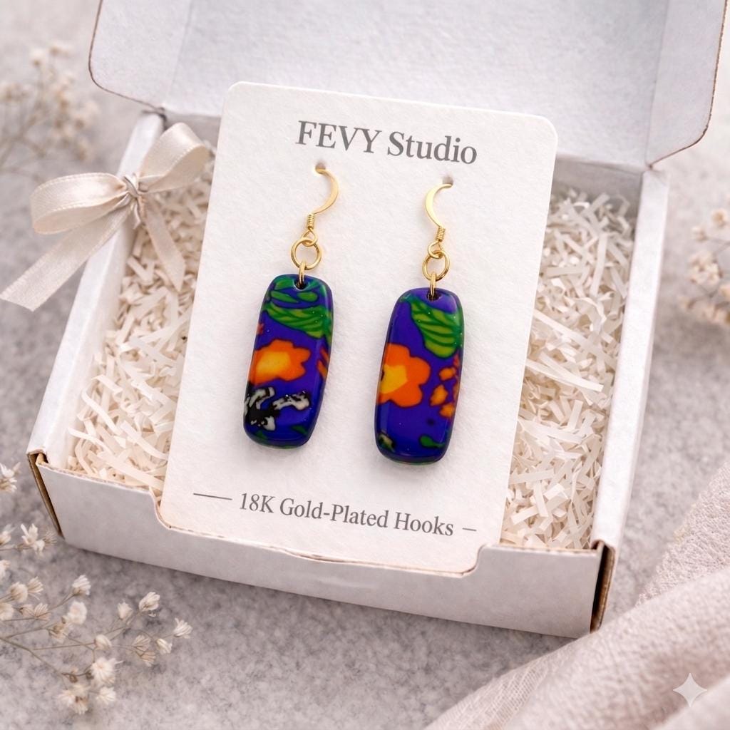 Floral Polymer Clay Earrings – 18K Gold Plated Hooks – Handmade Lightweight Earrings – Colorful Statement Jewelry Gift for Her