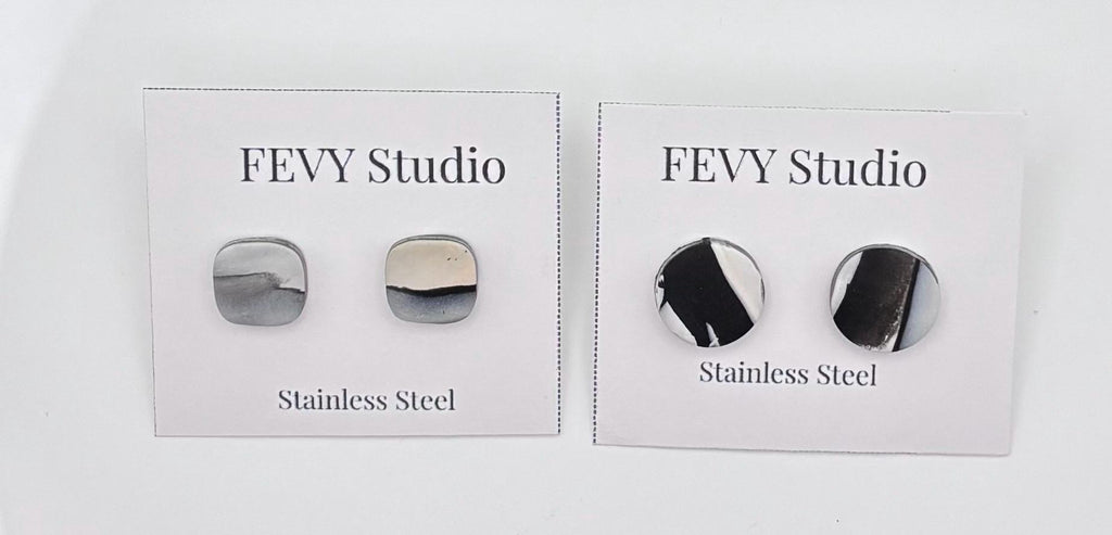 Black White Polymer Clay Stud Earrings | Minimalist Modern Lightweight Jewelry