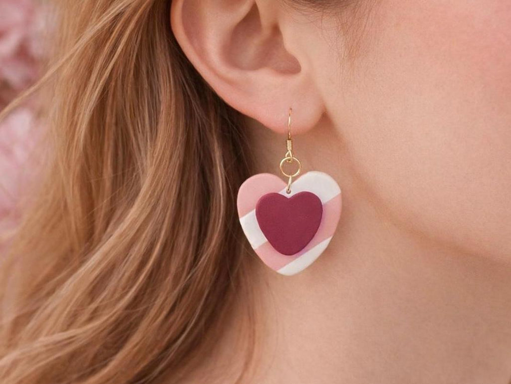 Pink Heart Dangle Earrings, Layered Polymer Clay, 18K Gold Plated Hooks