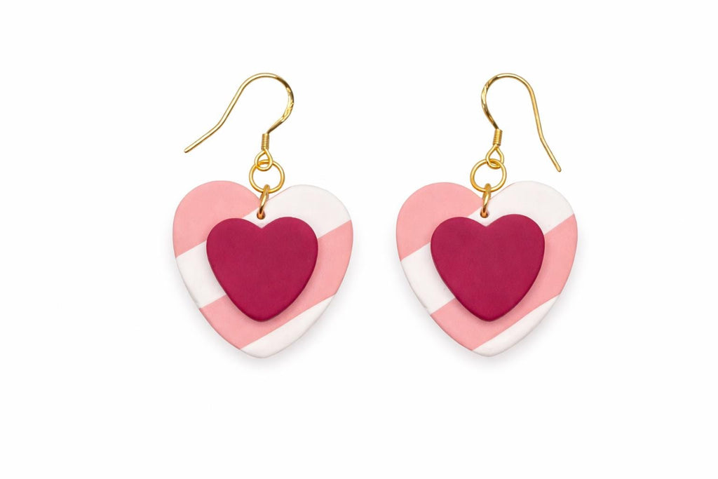 Pink Heart Dangle Earrings, Layered Polymer Clay, 18K Gold Plated Hooks