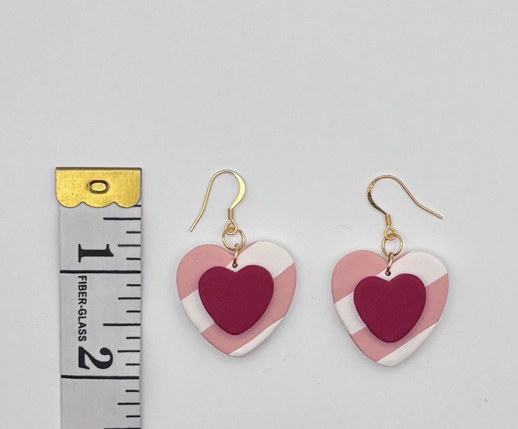 Pink Heart Dangle Earrings, Layered Polymer Clay, 18K Gold Plated Hooks