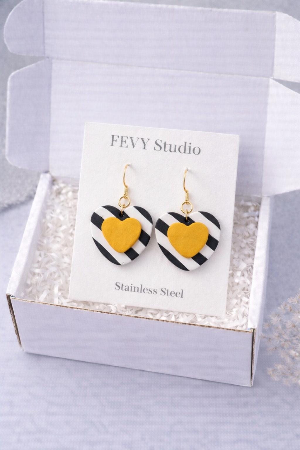 Striped Heart Drop Earrings, Black White Clay Jewelry, Colorful Statement Earrings, Boho Modern Gift for Her, Handmade Polymer Clay Earrings