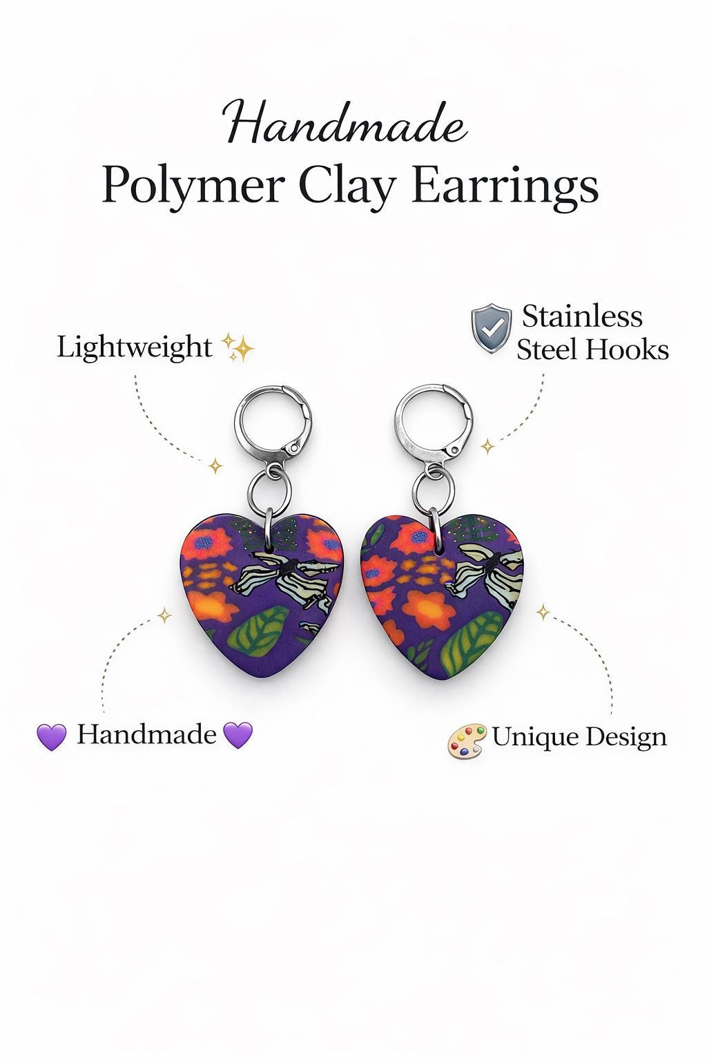 Handmade Polymer Clay Earrings | Colorful Heart Earrings | Lightweight Statement Earrings | Stainless Steel Hooks | Unique Gift for Her