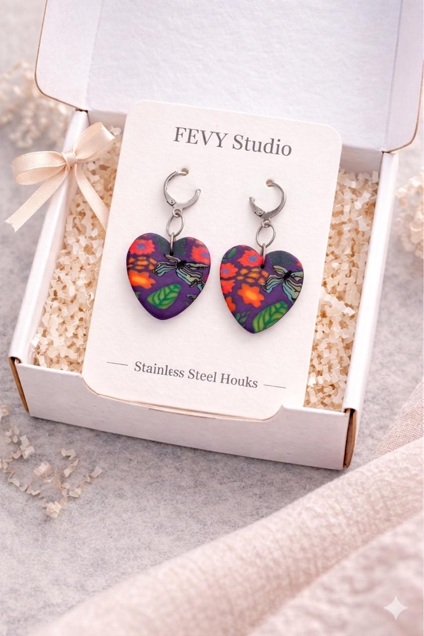 Handmade Polymer Clay Earrings | Colorful Heart Earrings | Lightweight Statement Earrings | Stainless Steel Hooks | Unique Gift for Her