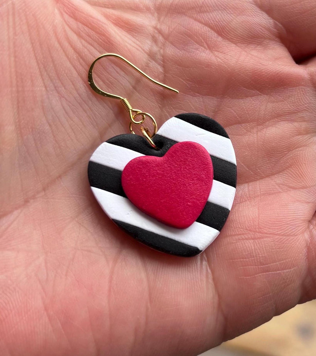 Striped Heart Drop Earrings, Black White Clay Jewelry, Colorful Statement Earrings, Boho Modern Gift for Her, Handmade Polymer Clay Earrings