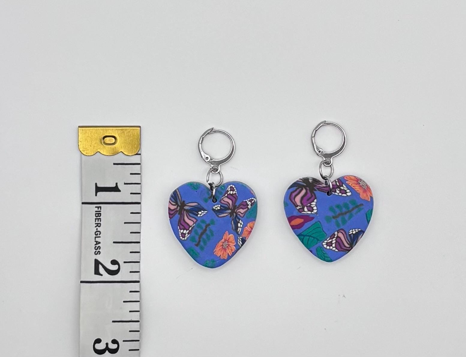 Butterfly Heart Earrings, Polymer Clay Earrings, Blue Butterfly Earrings, Handmade Statement Earrings, Stainless Steel Hooks