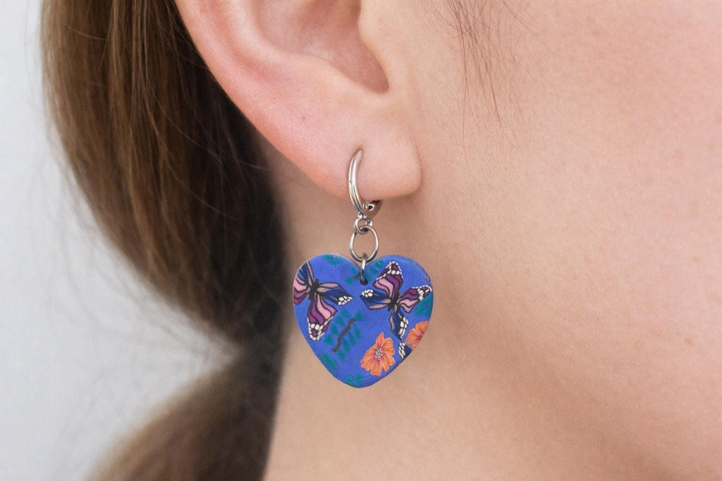 Butterfly Heart Earrings, Polymer Clay Earrings, Blue Butterfly Earrings, Handmade Statement Earrings, Stainless Steel Hooks