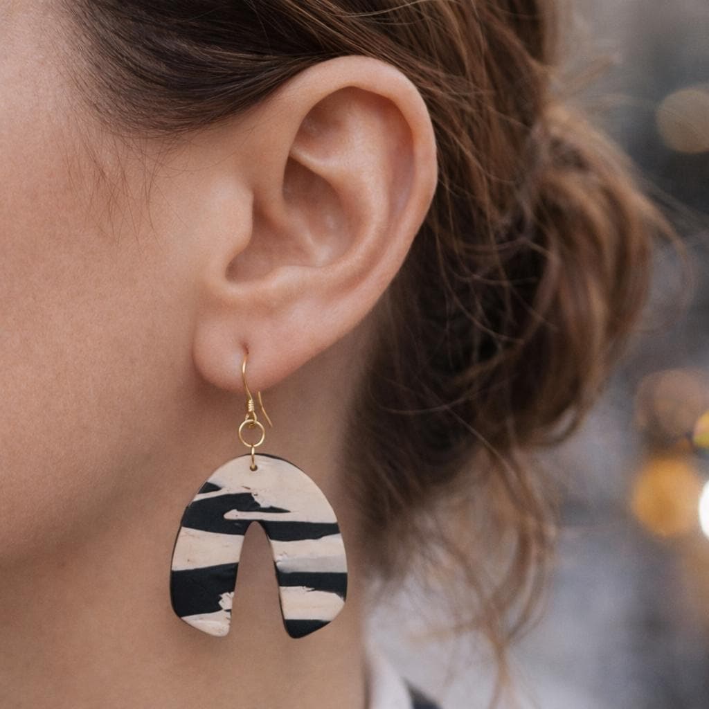 Black White Marble Arch Earrings, 18K Gold Plated Hooks, Modern Statement Dangle