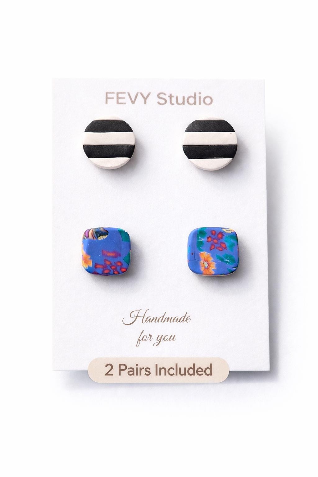 Polymer Clay Earrings Set of 2 | Colorful + Black White Stud Earrings | Lightweight Handmade Gift