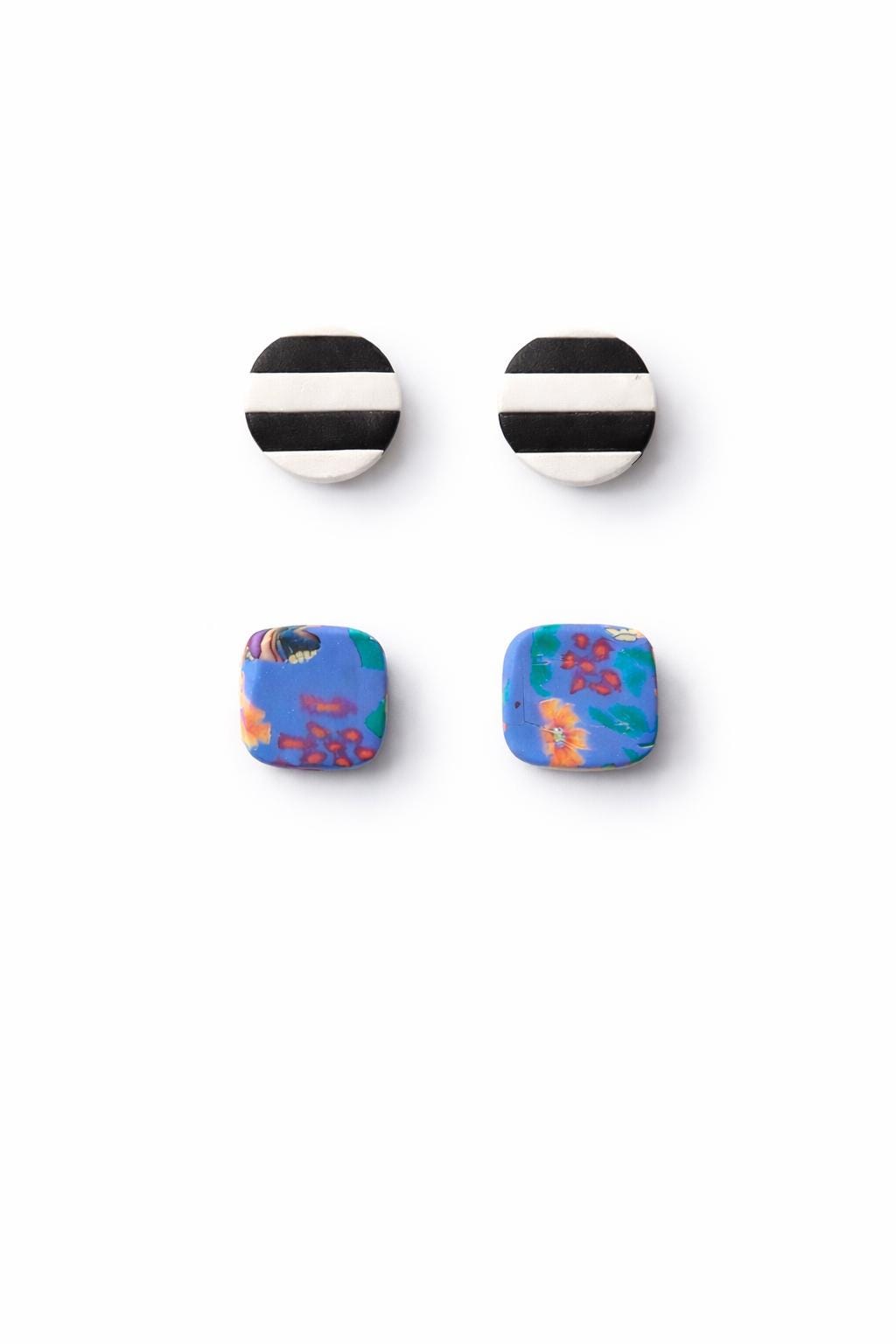 Polymer Clay Earrings Set of 2 | Colorful + Black White Stud Earrings | Lightweight Handmade Gift