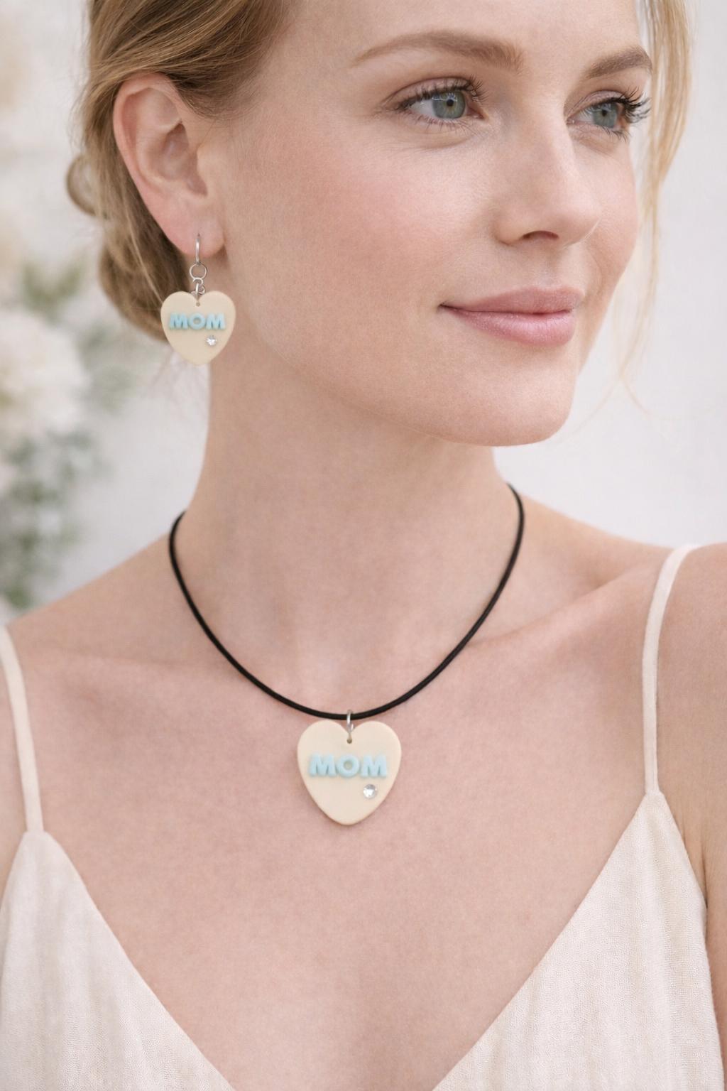 Personalized Polymer Clay Heart Jewelry Set, Cream Blue Mom Necklace Earrings