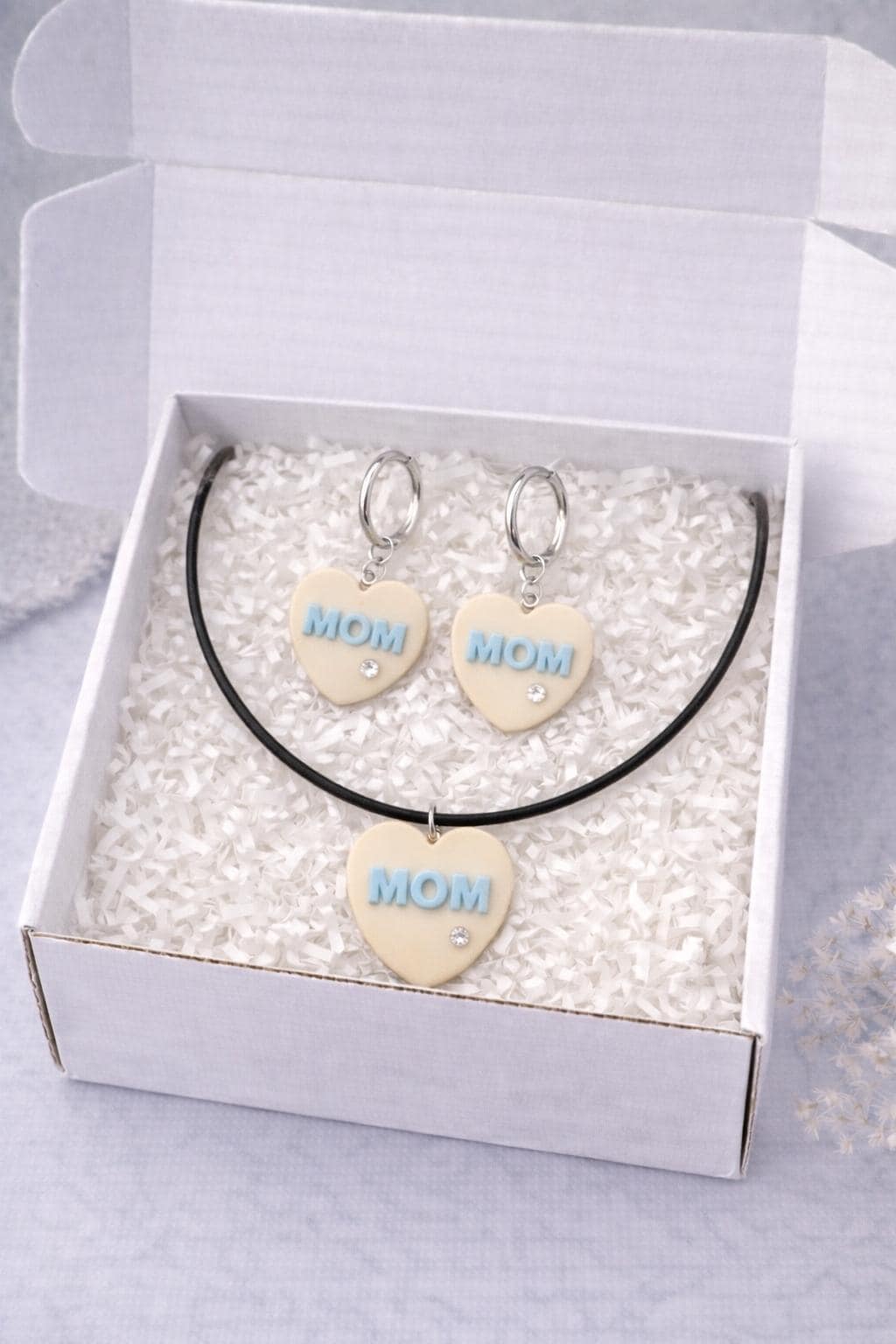 Personalized Polymer Clay Heart Jewelry Set, Cream Blue Mom Necklace Earrings