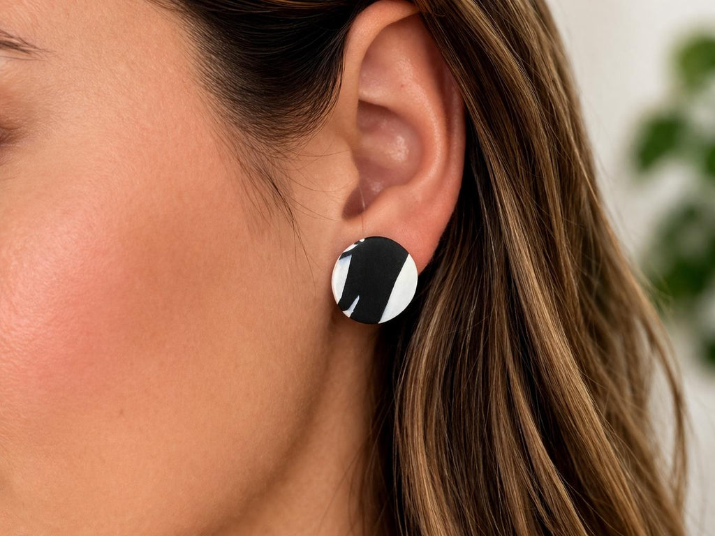 Black White Polymer Clay Stud Earrings | Minimalist Modern Lightweight Jewelry