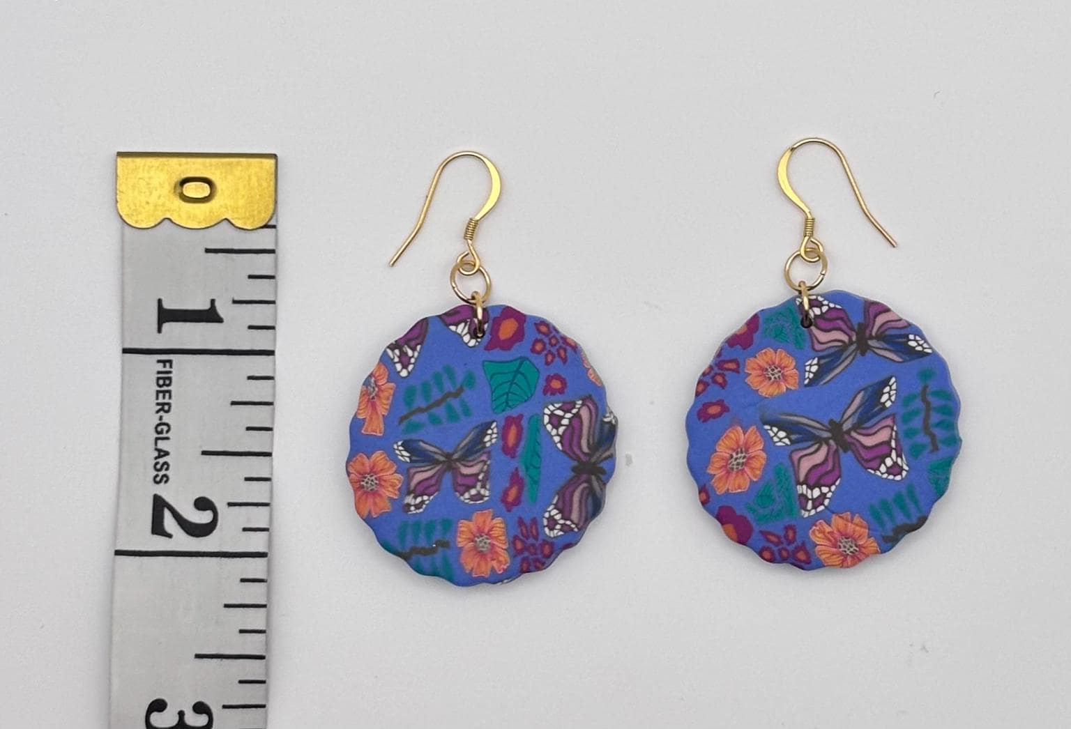 Blue Butterfly Floral Polymer Clay Earrings, 18K Gold Plated Hooks, Lightweight Nature Jewelry