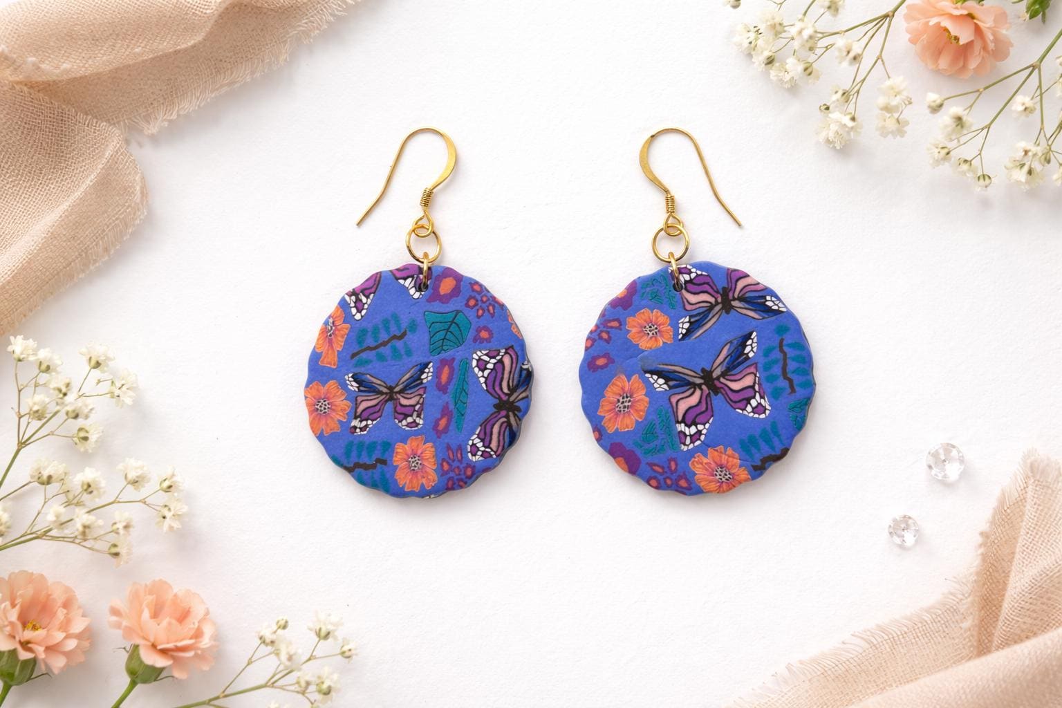 Blue Butterfly Floral Polymer Clay Earrings, 18K Gold Plated Hooks, Lightweight Nature Jewelry