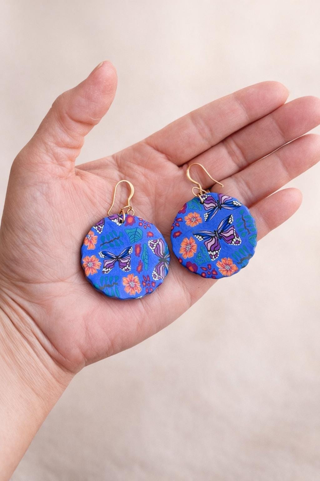 Blue Butterfly Floral Polymer Clay Earrings, 18K Gold Plated Hooks, Lightweight Nature Jewelry