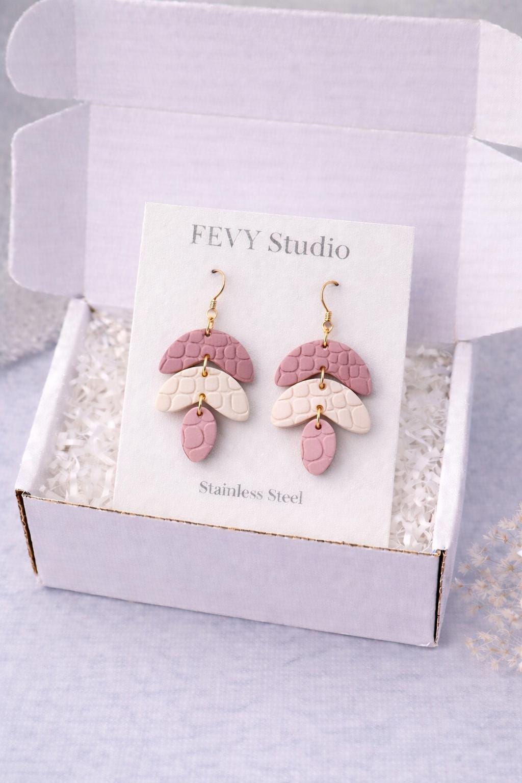 Handmade Dusty Pink Ivory Polymer Clay Dangle Earrings, Textured Modern, 18K Gold Plated Hooks