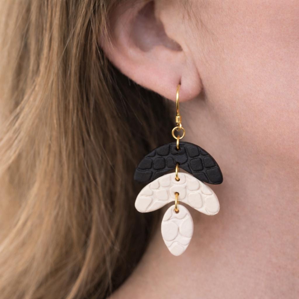 Black Ivory Textured Polymer Clay Dangle Earrings, 18K Gold Plated Hooks